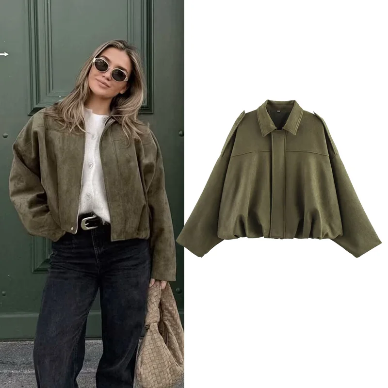 S38a15295215a465ab5bf4bb84aed01fc1.webp Women's Bomber Jackets Coats Fashion Turn-down Collar Long Sleeve Loose Coats Vintage Female Outerwear Chic Tops - Image 1